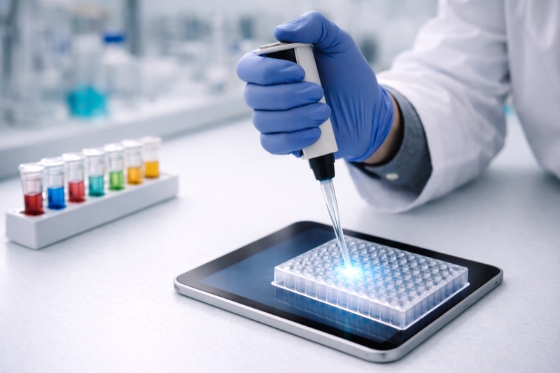 Gloved hand pipetting into a well plate illuminated by an iPad screen